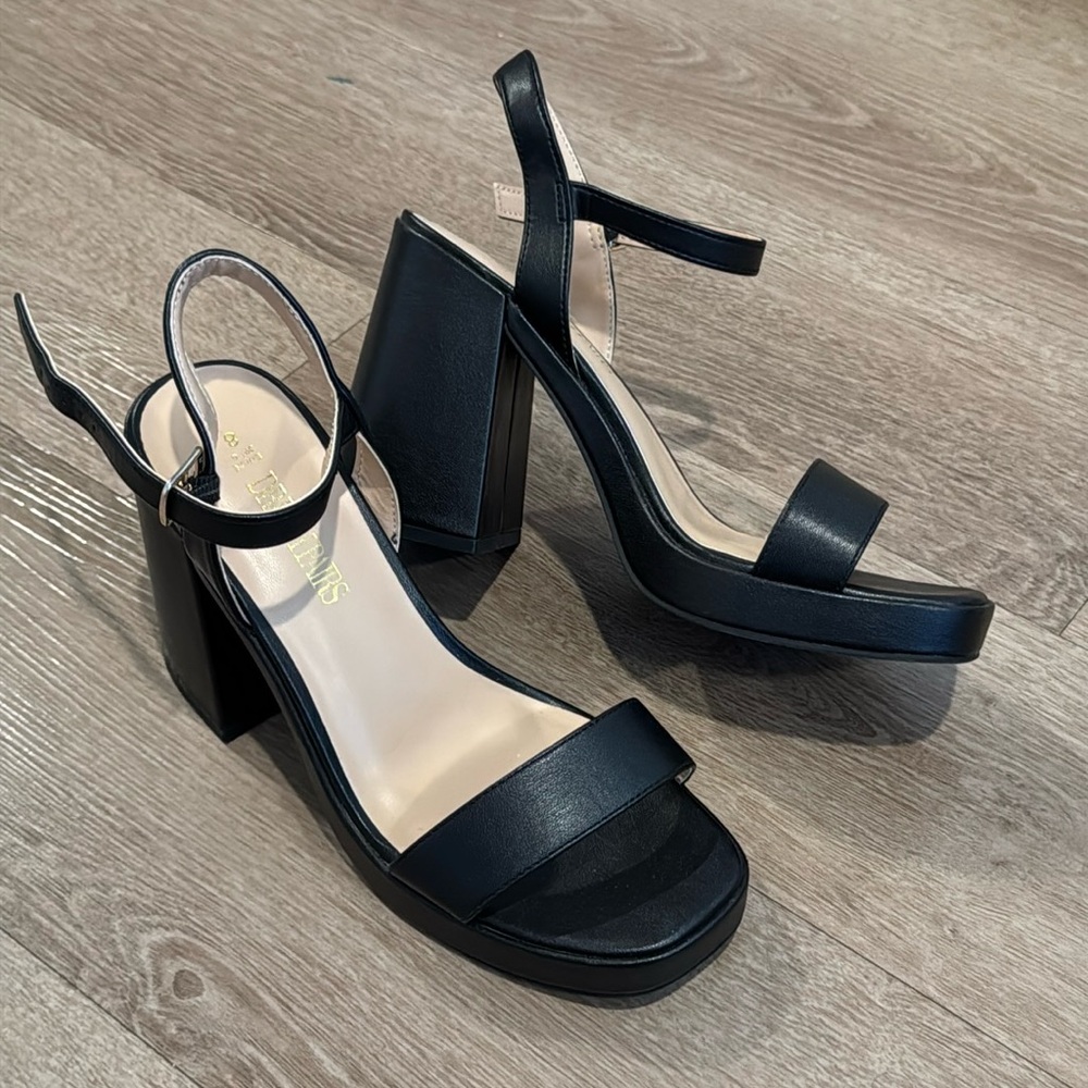 Black Ankle Strap Block Heels 8